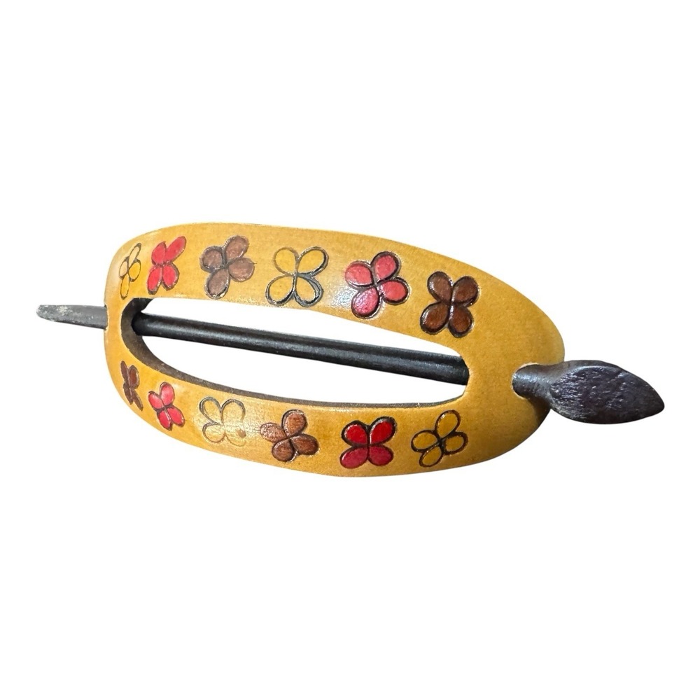 Wood Hair Barrette Hair Slide Stick Hand Painted Floral Folk Art Festival Hippie
